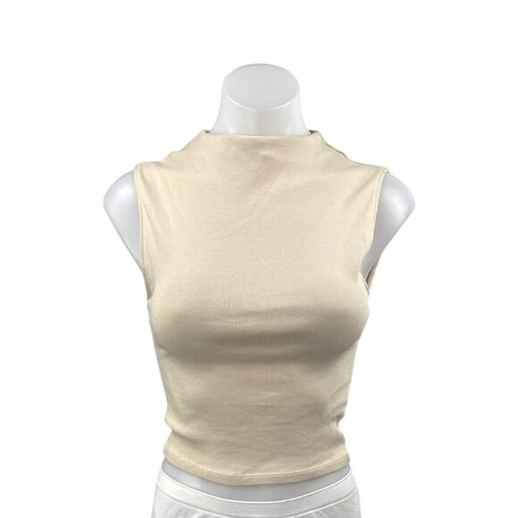 NEW Zara Beige Sleeveless Mock Neck Tank Knit Vest Sweater Crop Top Size S - Picture 1 of 3